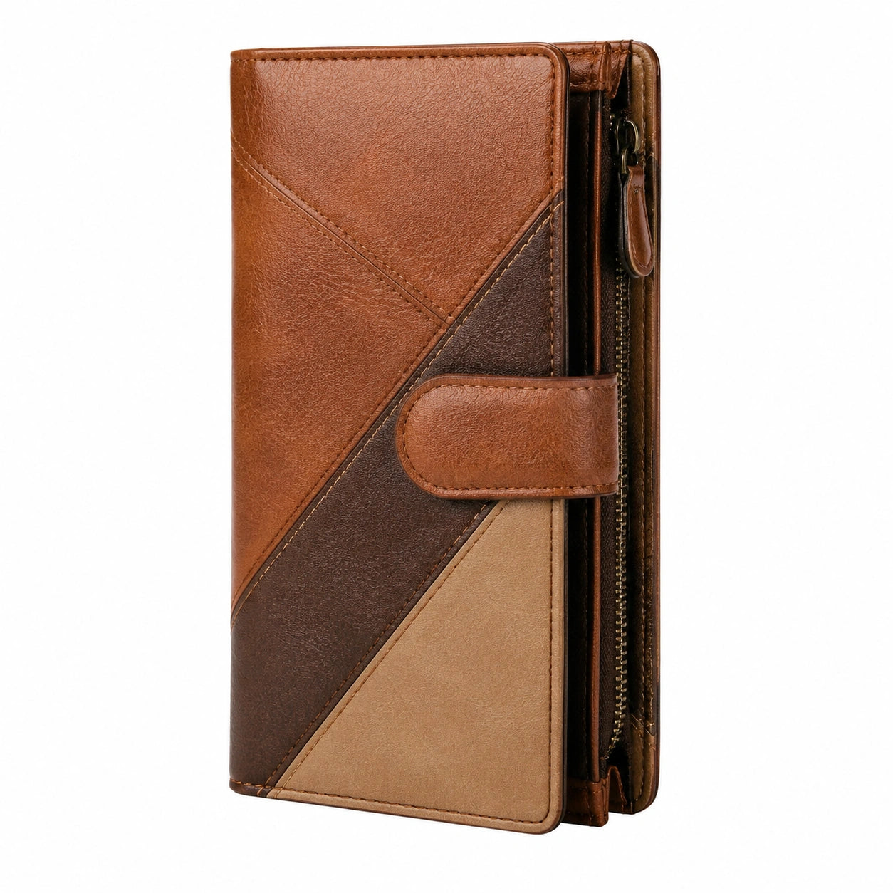 Portefeuille 19 x 10 x 3 cm en matière synthétique marron beige à fermeture zippée style patchwork