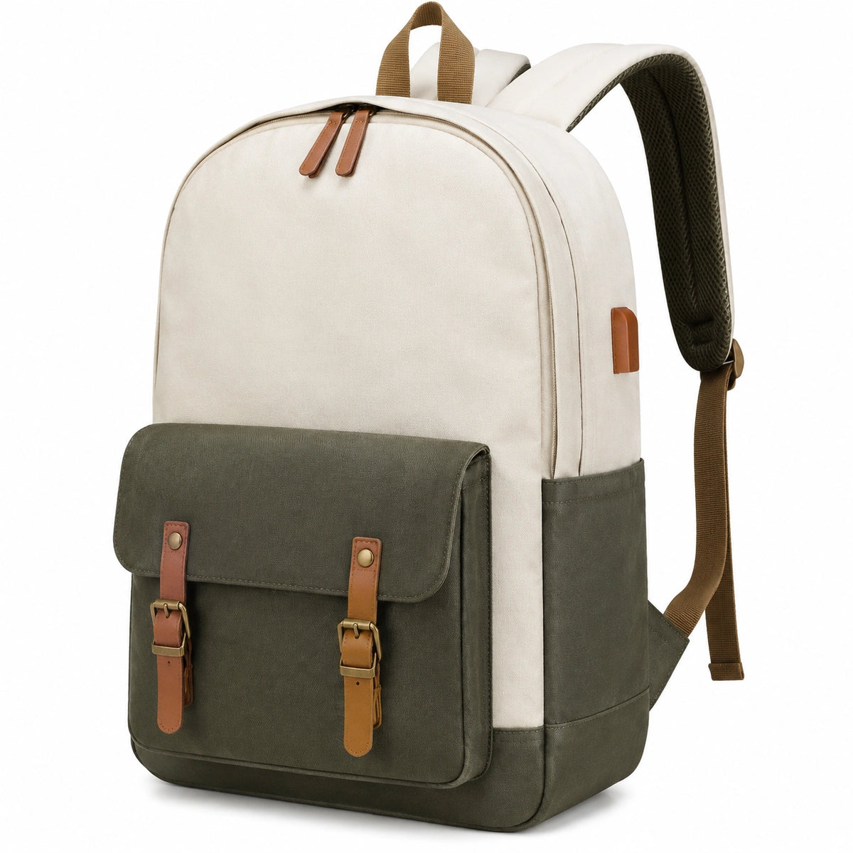 Sac à dos 30 x 15 x 42 cm en toile beige et vert kaki avec poches de rangement