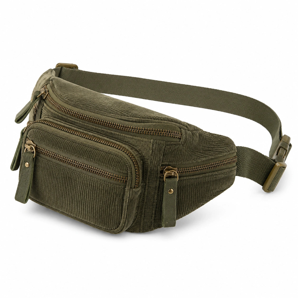 Sac banane 30 x 8 x 16 cm en velours côtelé vert avec sangle réglable et poches zippées