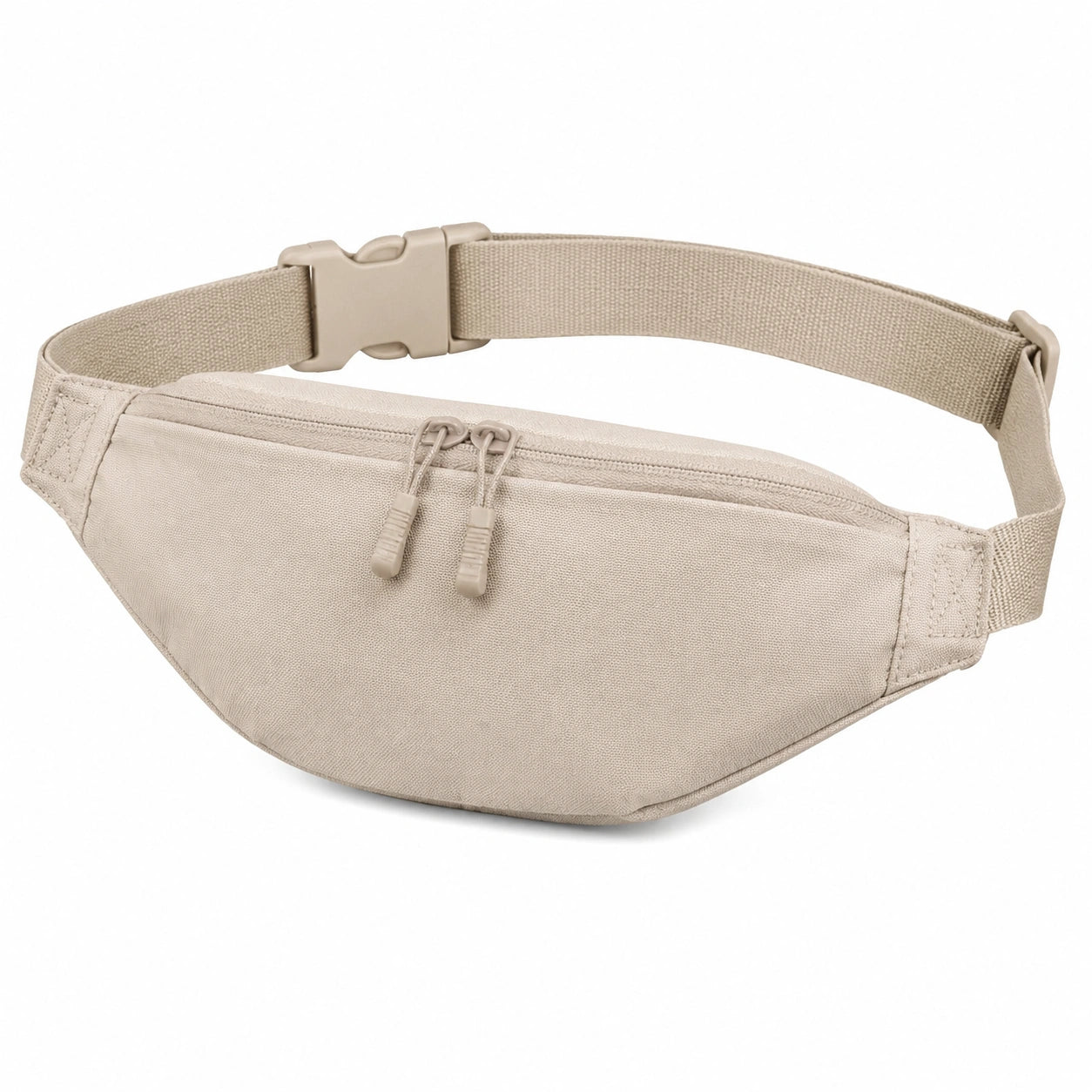Sac banane taille réglable en tissu beige avec fermeture zippée style minimaliste