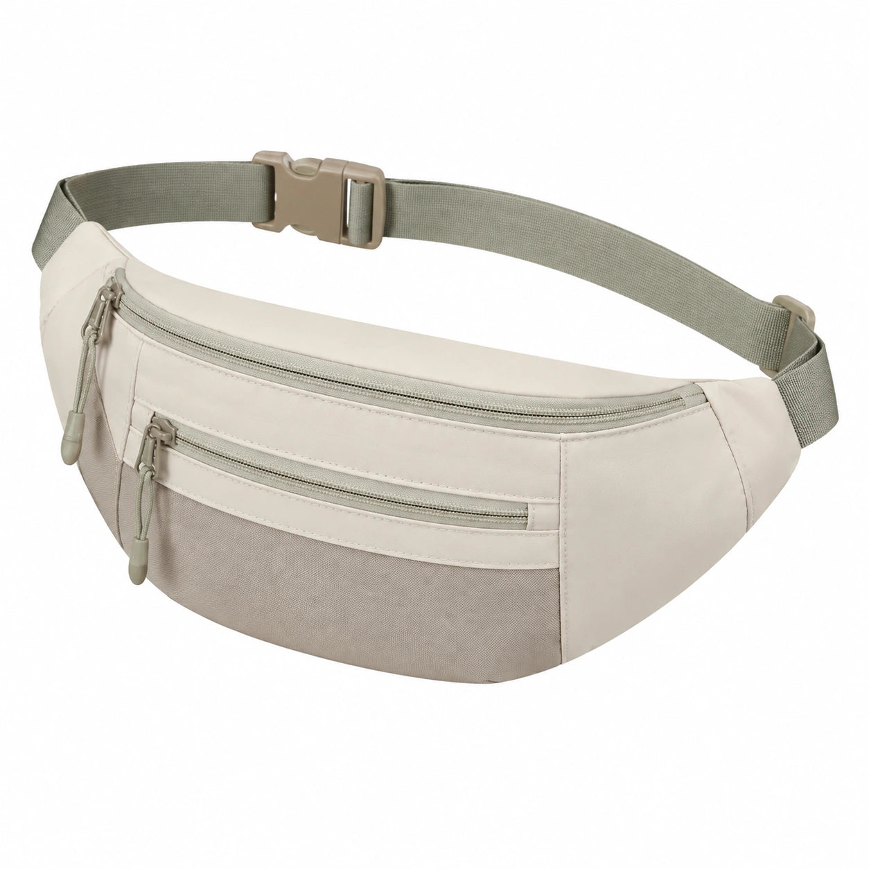 Sac banane 32 x 15 x 7 cm en textile synthétique beige kaki à ceinture réglable et poches zippées