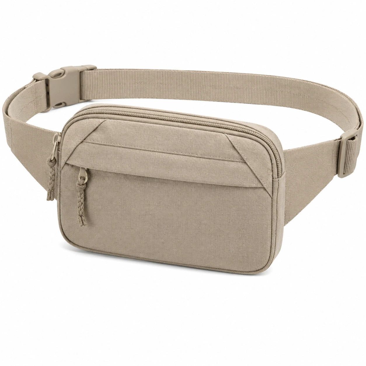 Sac banane 24 x 15 x 7 cm en textile beige à compartiments pour usage quotidien