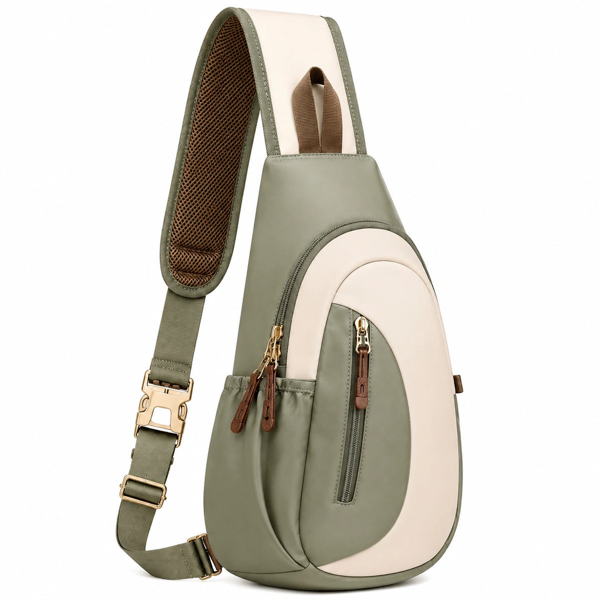 Sac bandoulière 30 cm textile synthétique vert kaki et beige style urbain à poches zippées