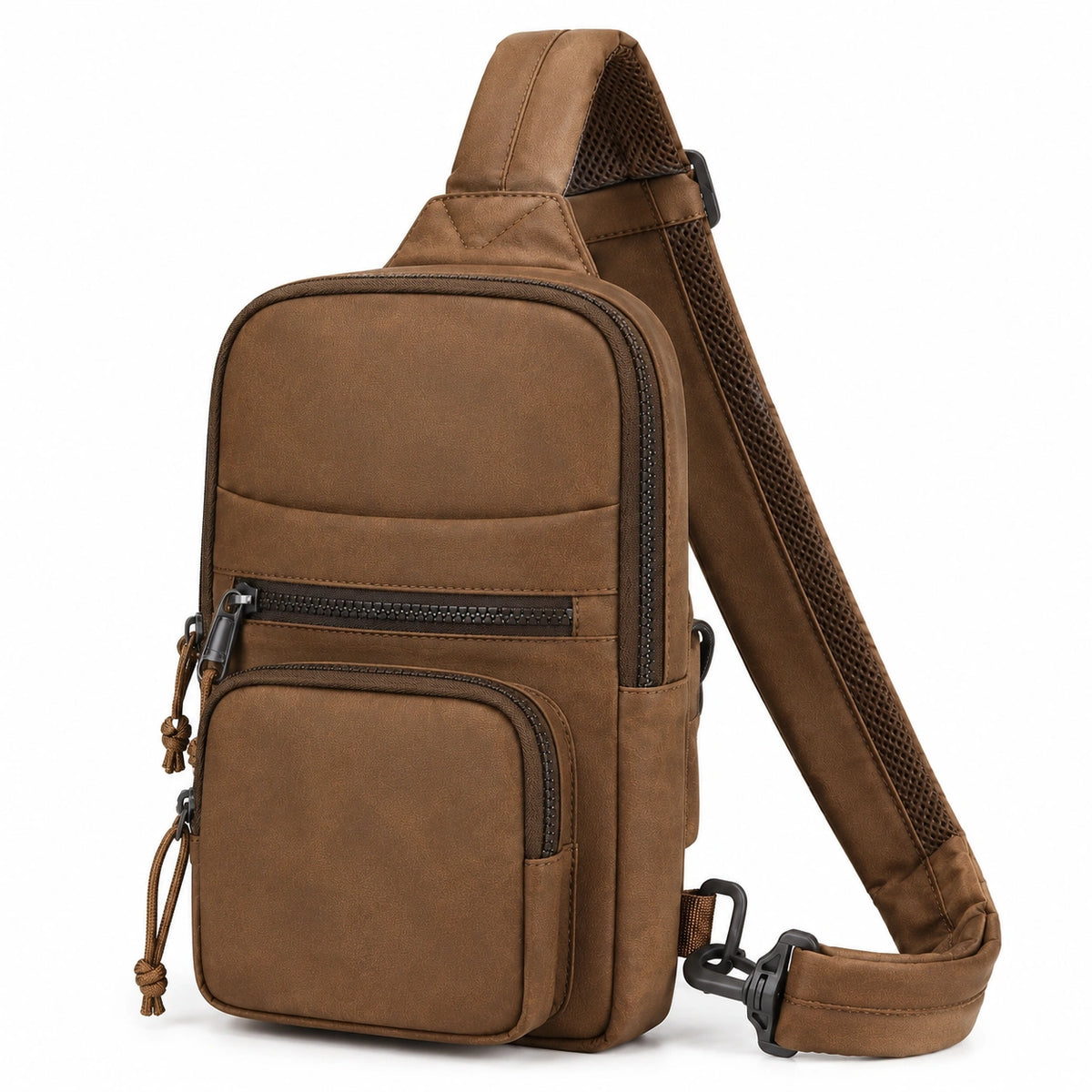 Sac bandoulière 17 x 8 x 31 cm en similicuir marron à compartiments zippés pour usage quotidien