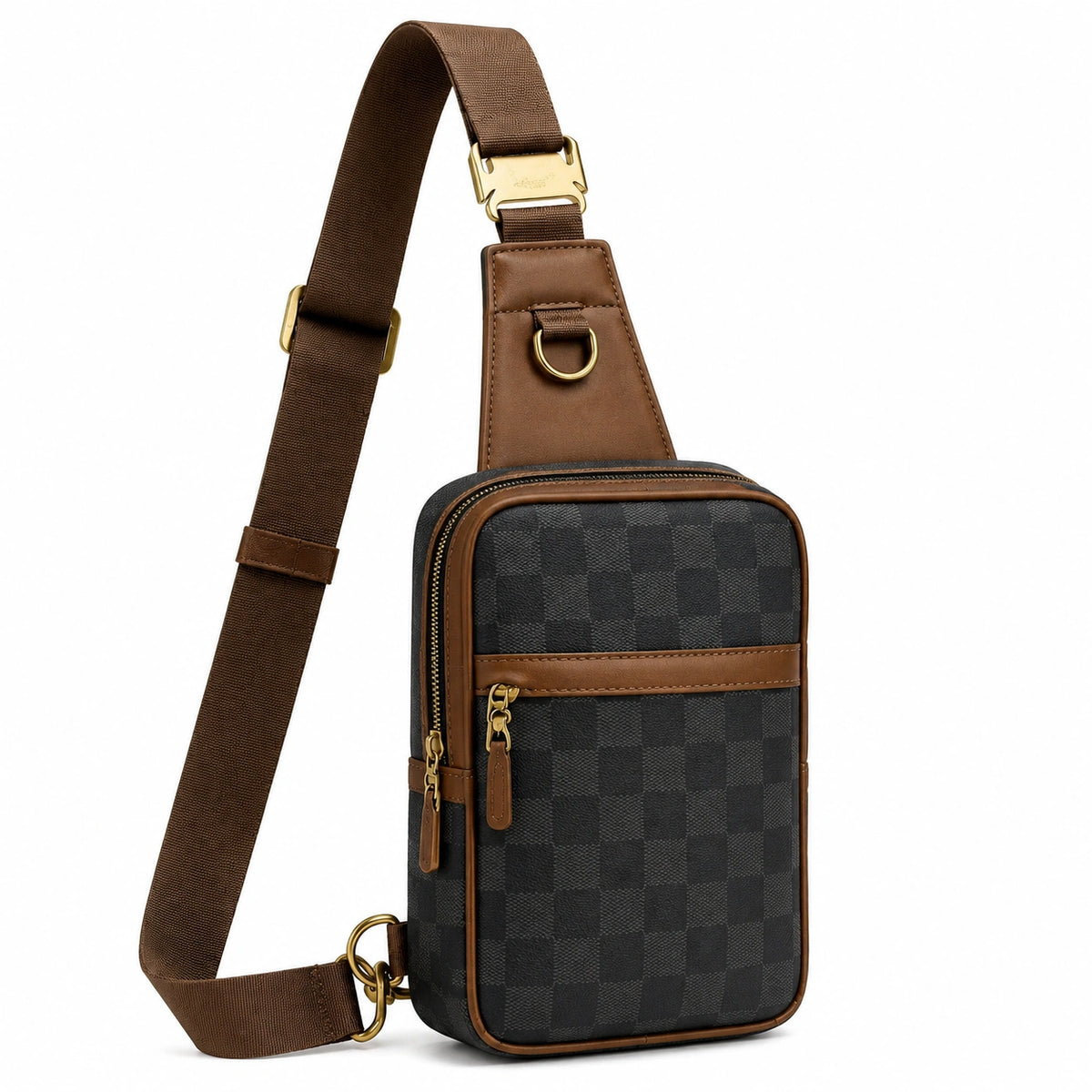 Sac bandoulière compact 18 x 8 x 30 cm en textile enduit noir et marron style urbain