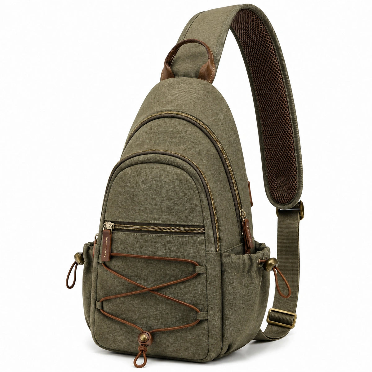 Sac à dos bandoulière 20 x 10 x 35 cm en toile vert kaki rangement multipoches