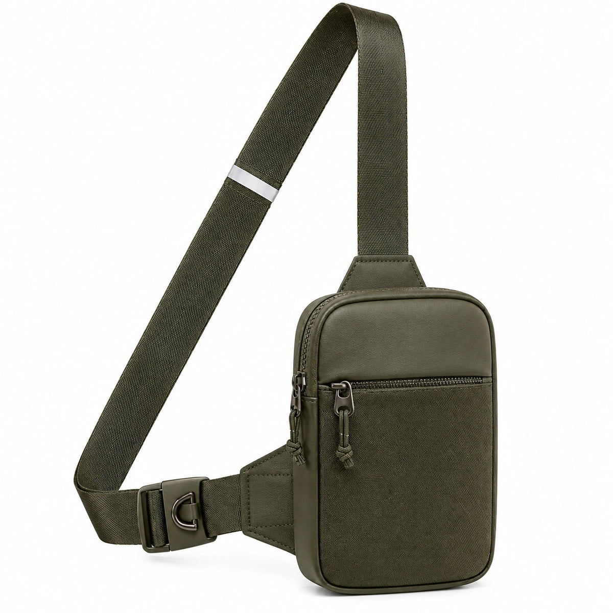 Sac bandoulière 18 x 12 x 5 cm en similicuir vert kaki compact à poches zippées