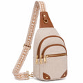 Sac à dos bandoulière 18 x 9 x 32 cm textile beige et marron à motifs avec poches zippées