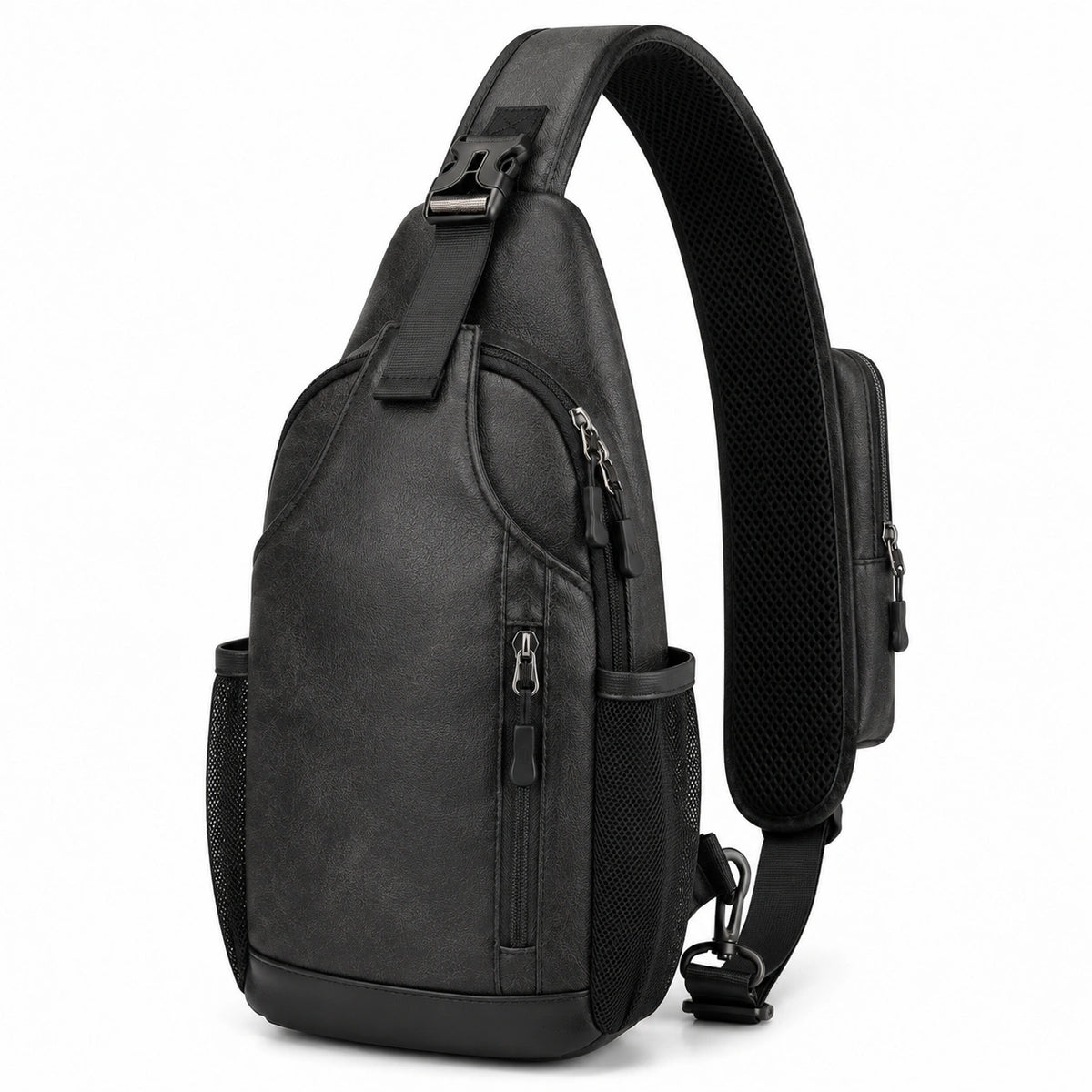 Sac à dos bandoulière 30 x 18 x 8 cm noir en similicuir avec poches zippées