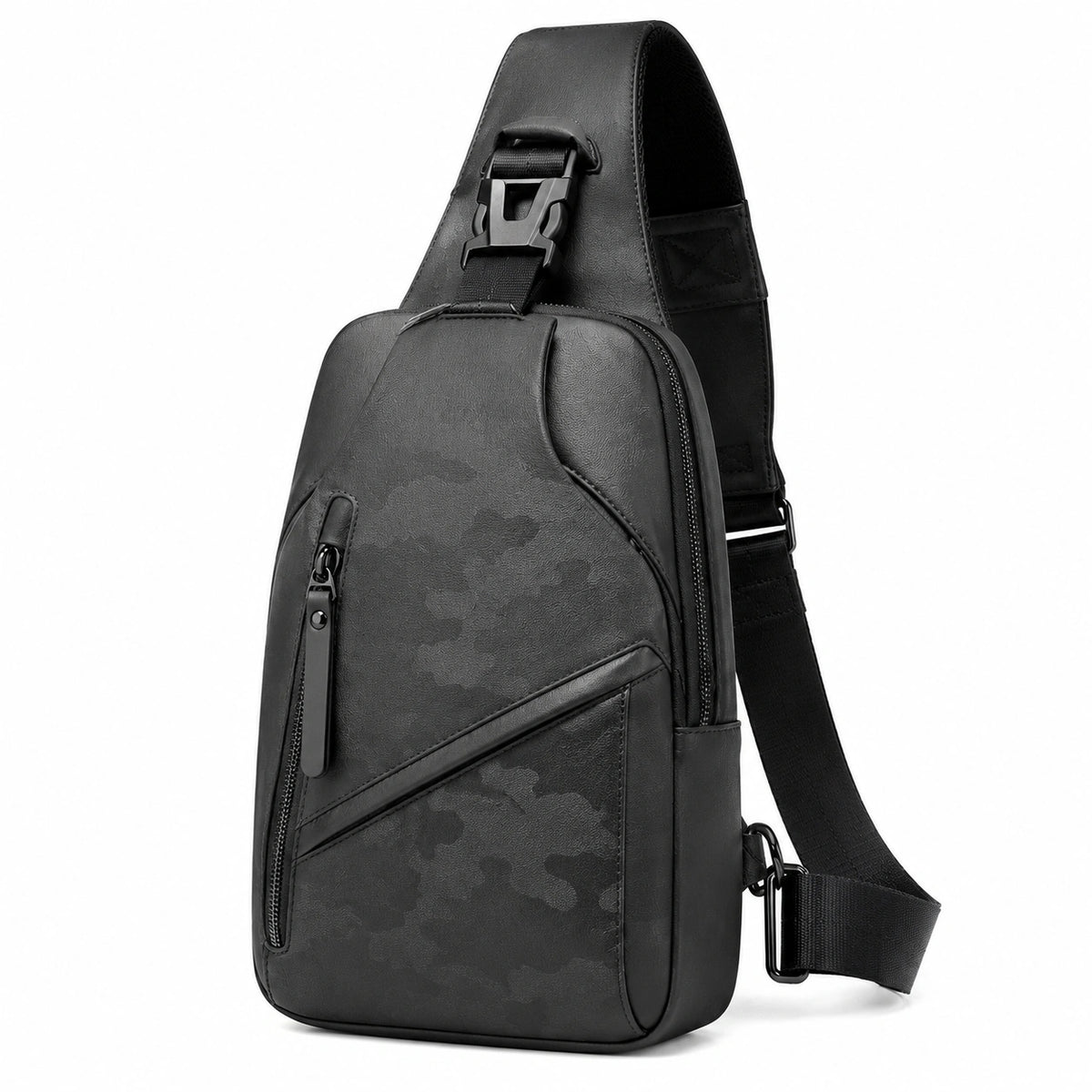 Sac bandoulière 18 x 8 x 31 cm en similicuir noir camouflage à poches zippées