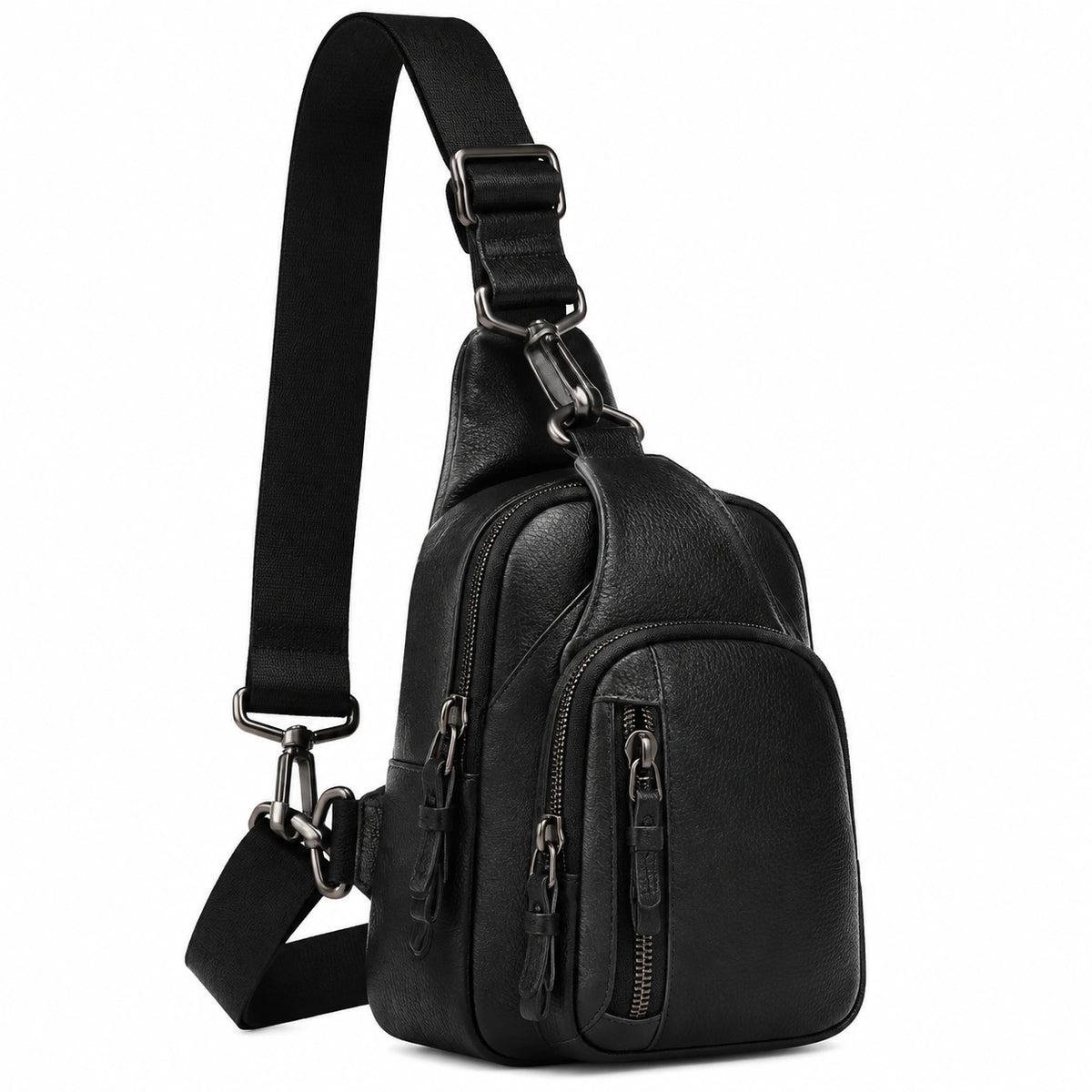 Sac bandoulière 18 x 8 x 31 cm en similicuir noir à poches zippées réglable
