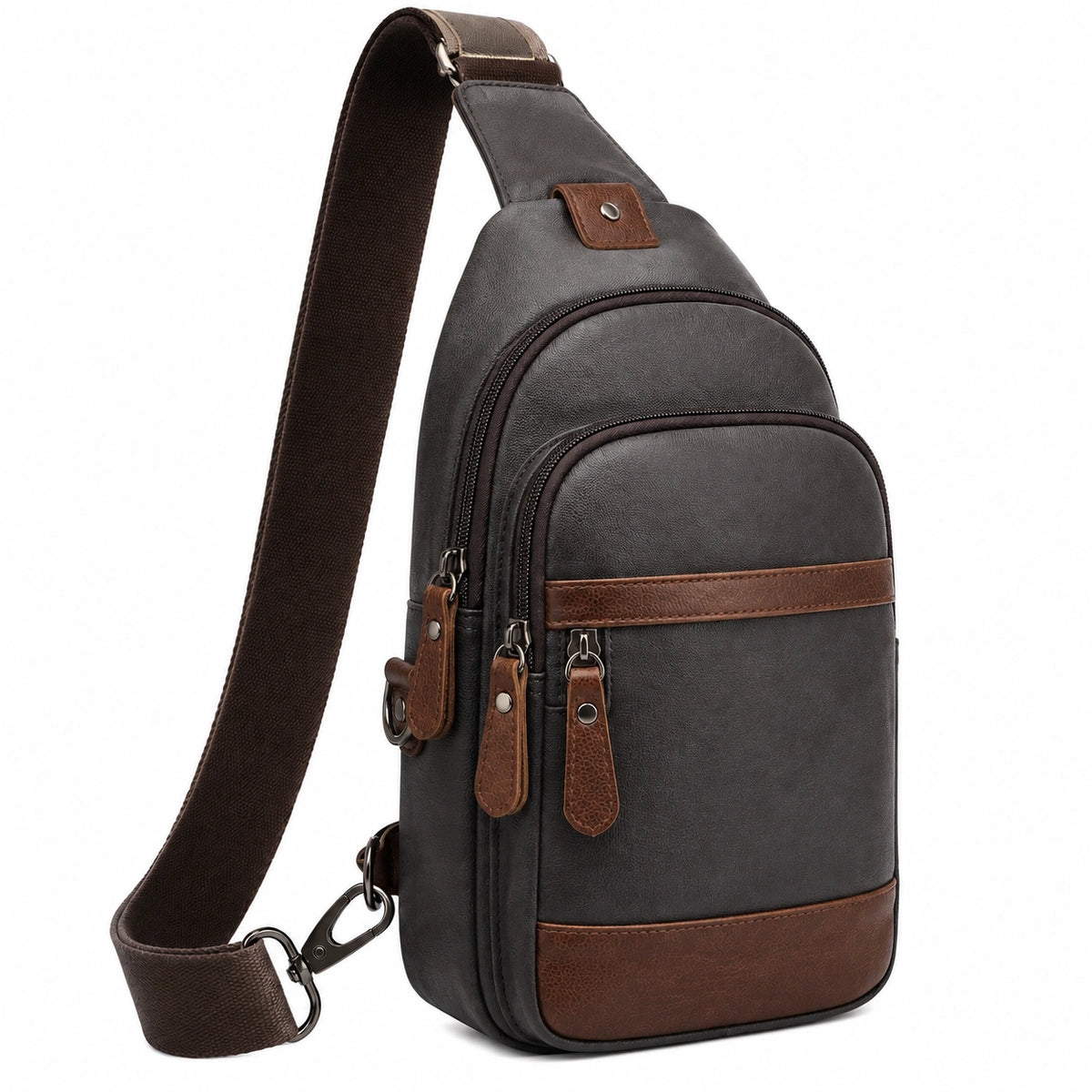 Sac bandoulière 18 x 8 x 32 cm en similicuir marron foncé à compartiments zippés
