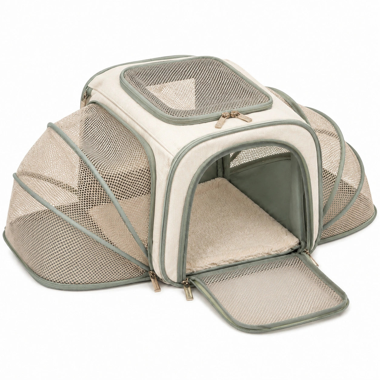 Sac de transport extensible pour chat 45 x 28 x 28 cm en tissu et maille beige vert sauge