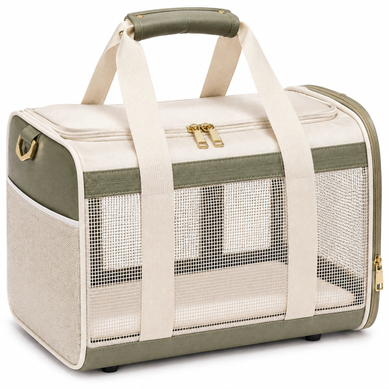 Sac de transport pour animaux 45 x 30 x 30 cm en textile beige et vert avec maille respirante