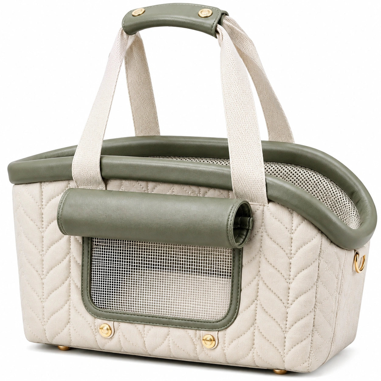 Sac de transport pour animal 42 x 25 x 30 cm tissu matelassé beige et vert avec maille aérée
