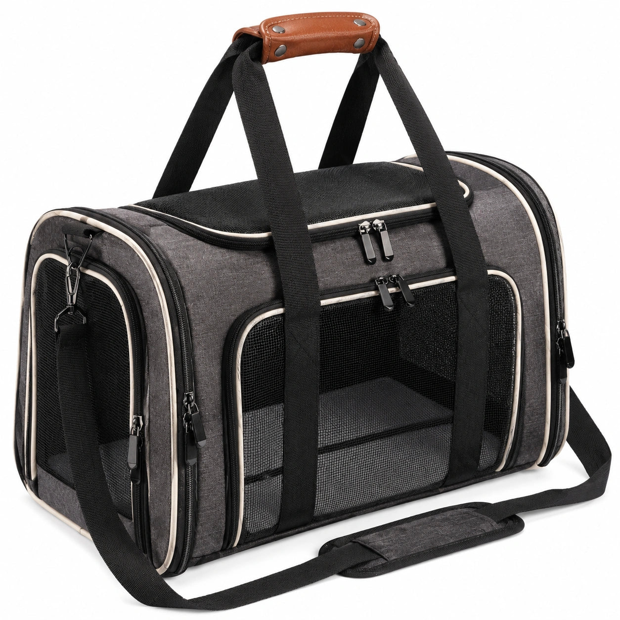 Sac de transport pour animaux 45 cm textile gris noir avec panneaux en maille et bandoulière