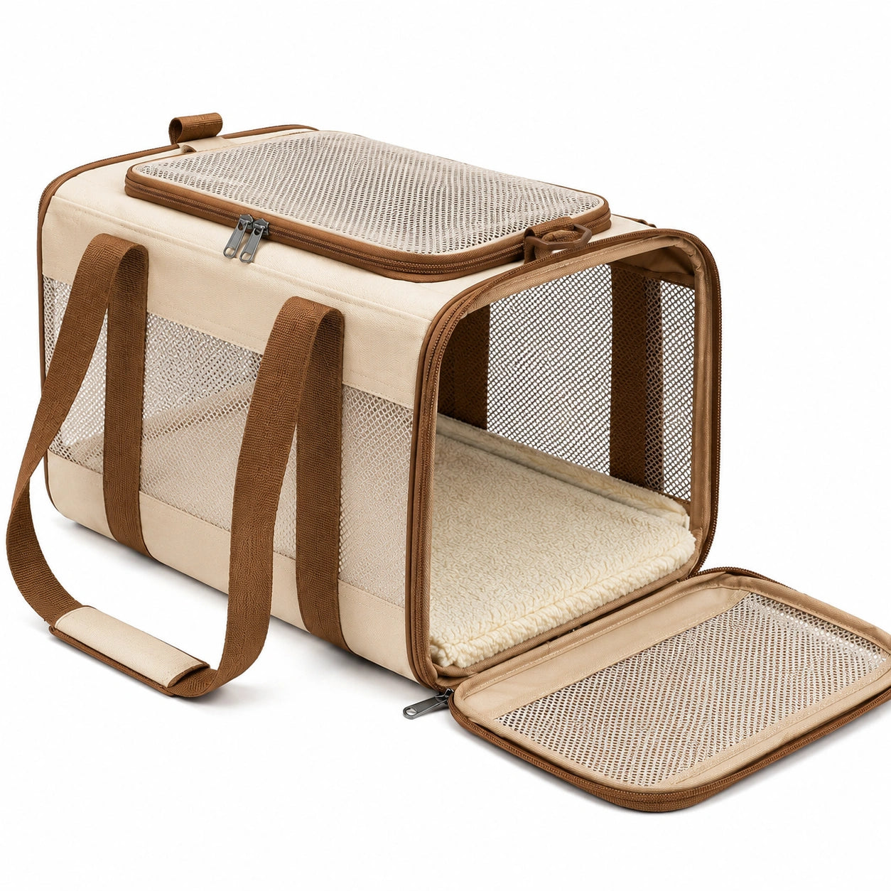 Sac de transport pour animaux 43 x 28 x 28 cm en polyester beige et marron avec maille respirante