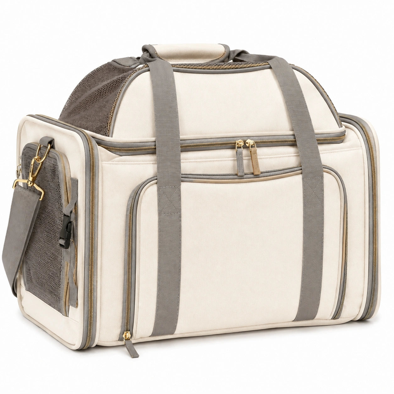 Sac de transport pour animal 50 x 30 x 35 cm en textile beige et gris avec maille aérée - format voyage