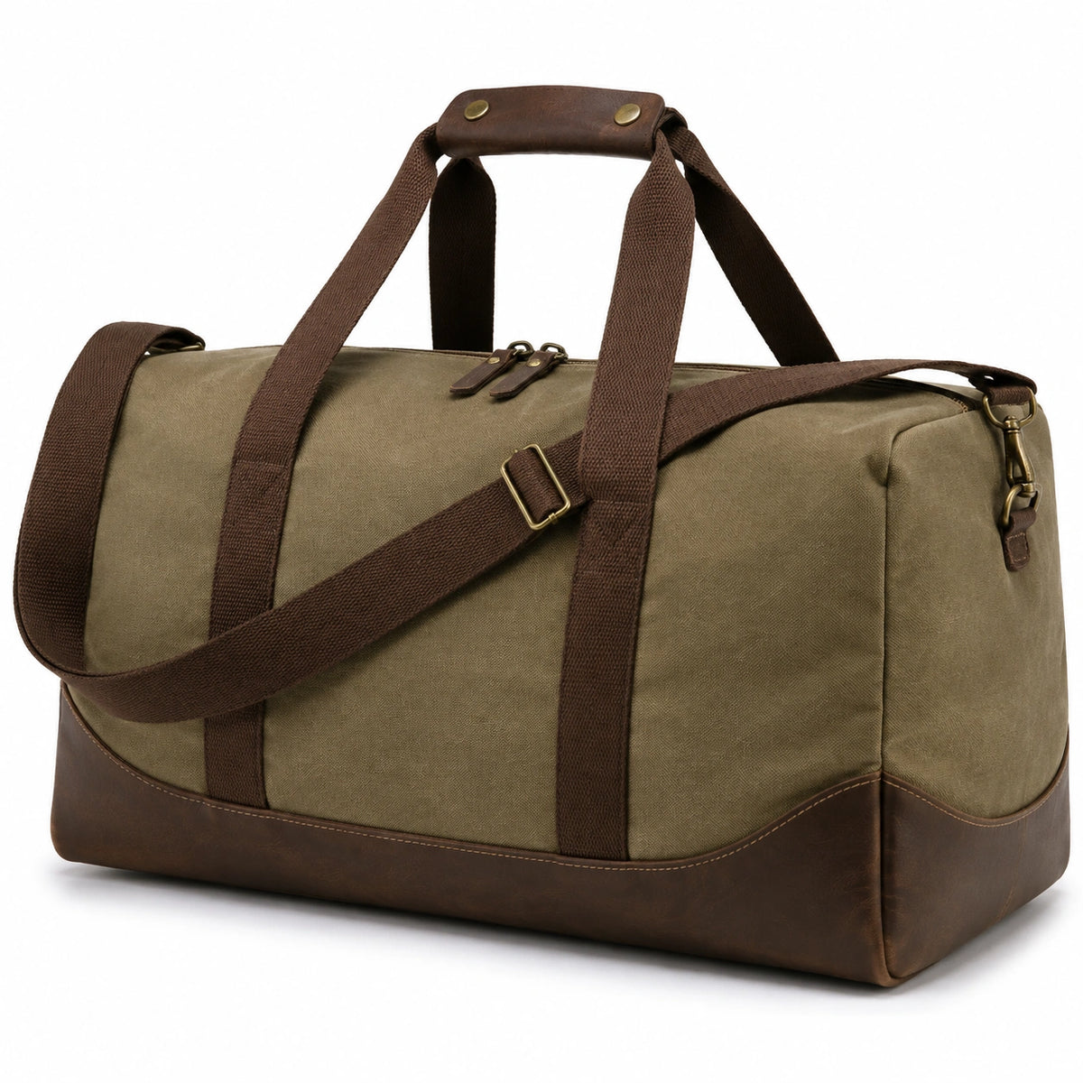 Sac de voyage 50 x 25 x 30 cm en toile kaki et similicuir marron à bandoulière
