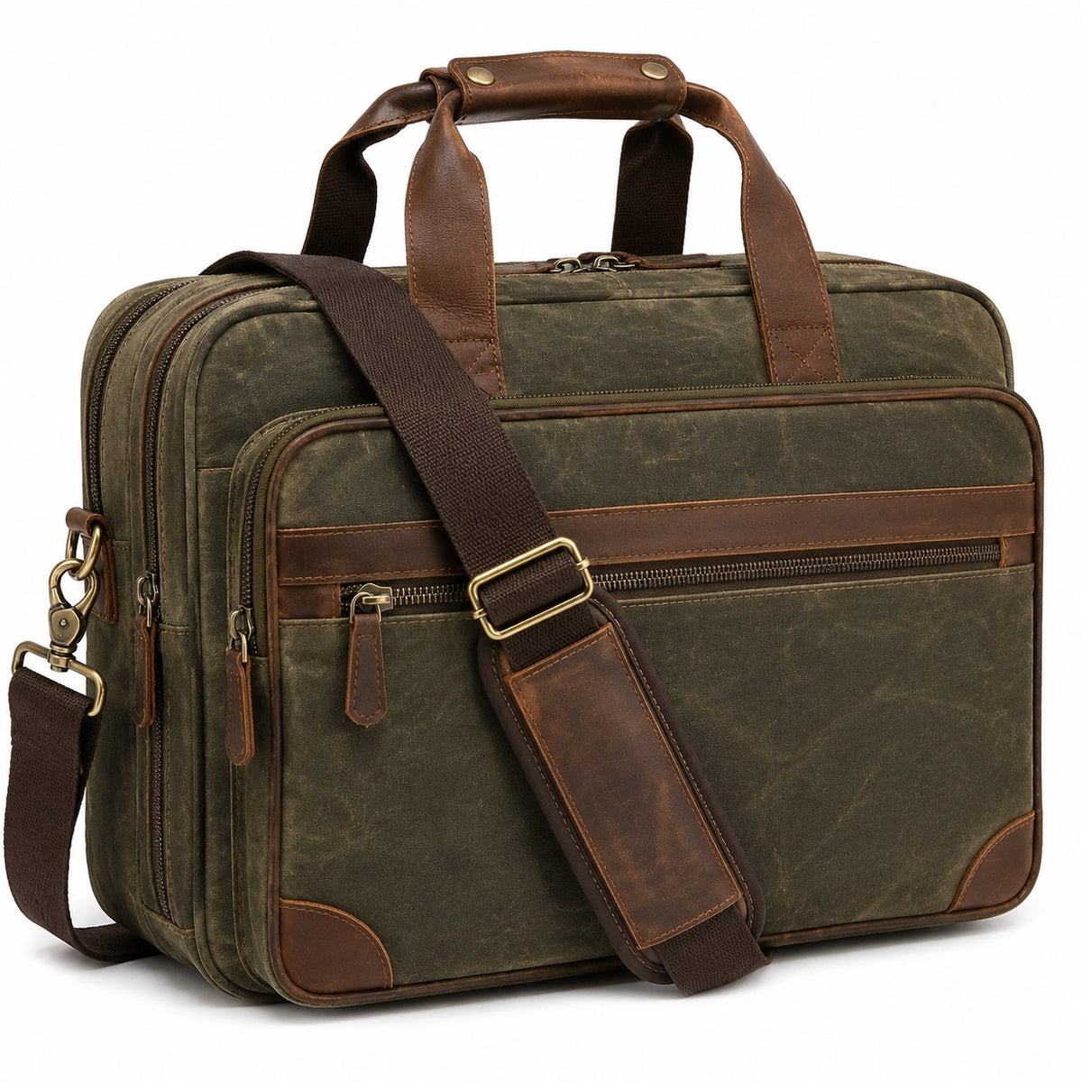 Sac ordinateur 42 x 12 x 32 cm en toile et cuir vert kaki marron avec bandoulière ajustable