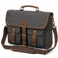 Sac messager 40 x 12 x 30 cm en toile gris et cuir marron avec bandoulière réglable