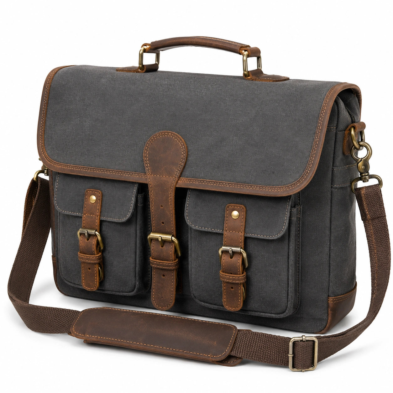 Sac messager 40 x 12 x 30 cm en toile gris et cuir marron avec bandoulière réglable