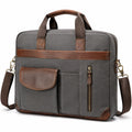 Sacoche ordinateur portable 40 x 30 x 8 cm en tissu gris et similicuir marron avec bandoulière