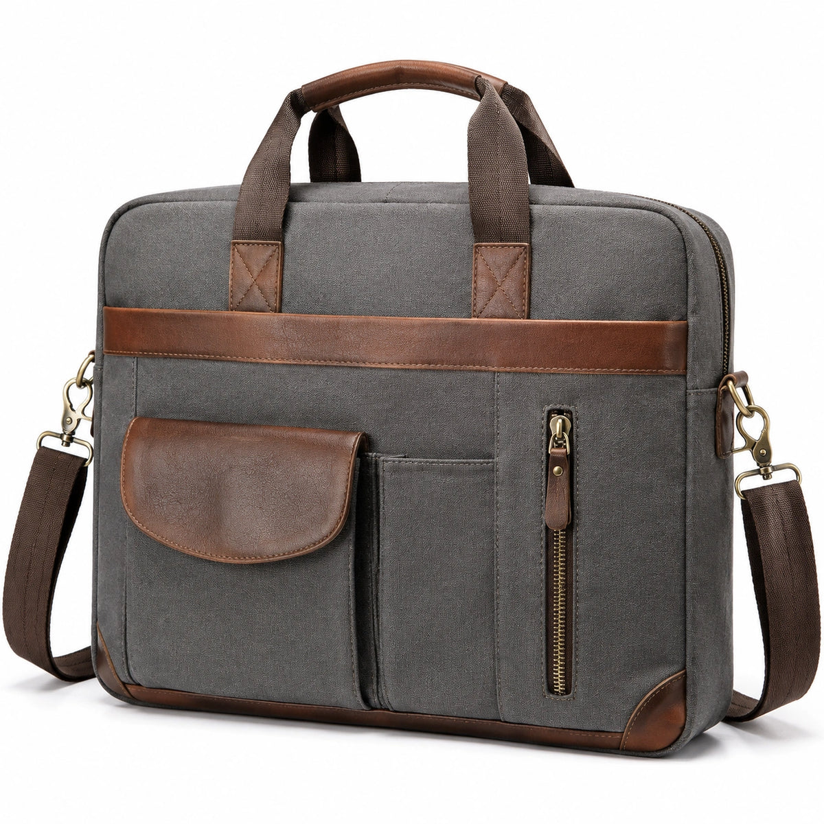 Sacoche ordinateur portable 40 x 30 x 8 cm en tissu gris et similicuir marron avec bandoulière